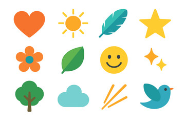 Vibrant Icon Harmony. Positive Life set flat icon set: heart, sun, feather, star, flower, leaf, smile, sparkle, tree, cloud, light beam, bird