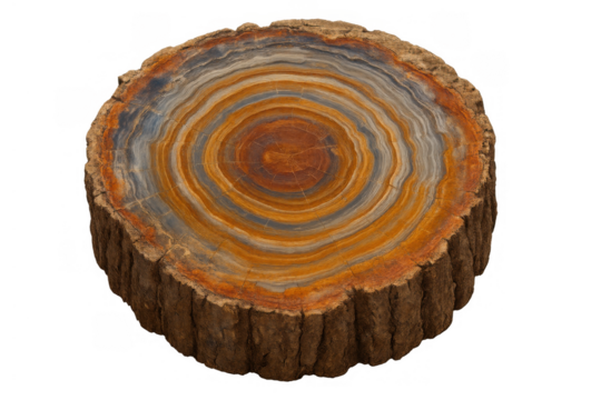 Petrified wood cross-section revealing ancient geological formation, detailed tree rings, and colorful mineral patterns on transparent background
