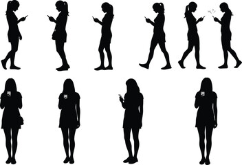 📱 Smartphone Obsession: Silhouettes of Young Women Engaged with Mobile Technology, Texting, and Social Media Dependence in Everyday Life, Isolated Vector Collection