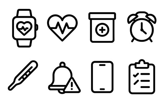 Health Monitoring Icons. Health Monitoring linear icon set: smartwatch, heart rate icon, medicine box, reminder clock, thermometer, alert bell, phone, clipboard