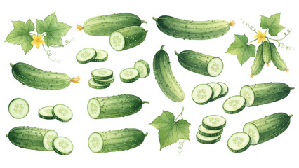 A collection of fresh green cucumber illustrations, showing whole vegetables, slices, and cross-sections with leaves and vines.