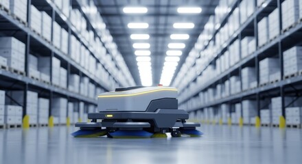 Automated cleaning robot actively working in modern warehouse