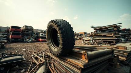 Industrial Tire Amidst Salvage: A weathered, robust tire stands prominently atop a pile of scrap metal and debris in an industrial salvage yard, with vehicles in the background.
