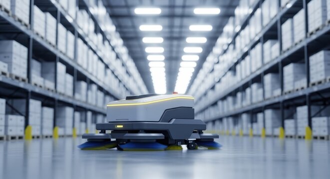Automated cleaning robot actively working in modern warehouse