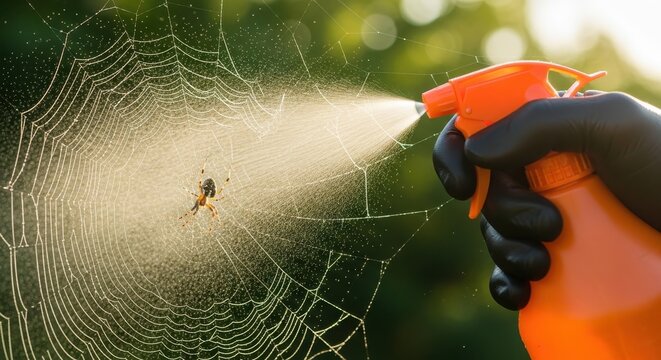 Pest control expert spraying a spiderweb and spider in garden.