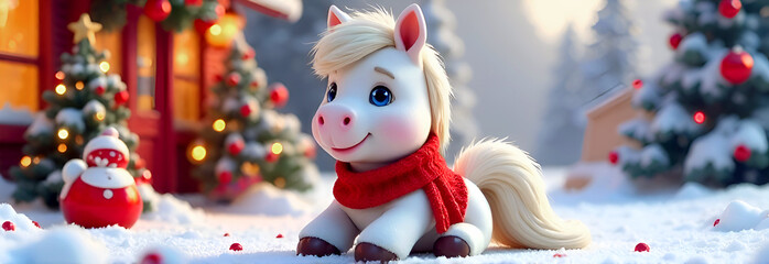 A white cartoon horse in a red scarf lies playfully in the snow against the background of a Christmas tree. The horse is a symbol of the new year 2026