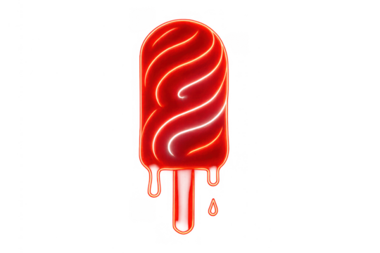 Glowing red neon popsicle melting, a captivating summer dessert concept with vibrant light and dripping liquid