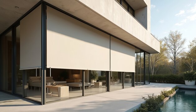 Modern house with roller blinds on panoramic windows provides sun protection. Exterior view building near pool. Shutters offer privacy for home. Stylish design, residential building. Light shines on