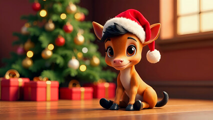 Cute cartoon foal in red santa hat sitting in living room with Christmas tree with gifts in the background, symbol of new year 2026