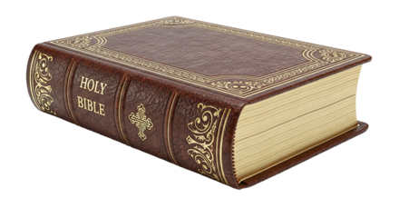 Holy Bible with Ornate Brown Leather Cover and Gold Accents.