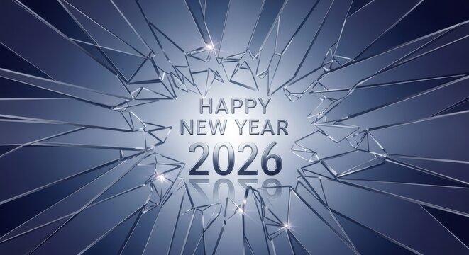 Happy new year 2026 text with abstract shattered glass effect - Powered by Adobe