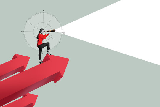 Art collage. Woman with a telescope looks to the success on top of the arrow mountain, Symbol of the startup, business finance concept, achievement, leadership.
