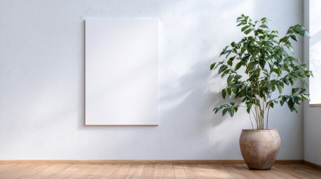 Minimalist Bedroom Poster Mockup, a blank poster on a bedroom wall, showcasing a clean and simple design, ideal for showcasing artwork or messages in a serene environment