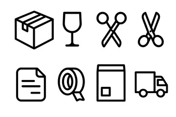 Shipping Icons Collection. Shipping Packaging Set linear icon set. cardboard box, fragile symbol, tape, scissors, sticker, label, bag, delivery truck.