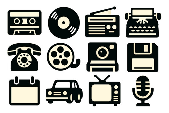 Retro Tech Icons. Retro Past silhouette icon set. cassette tape, vinyl record, radio, typewriter, rotary phone, film reel, polaroid, floppy disk, calendar, car, TV set, microphone