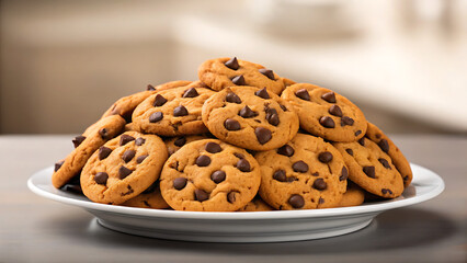 A generous pile of freshly baked chocolate chip cookies stacked high on a white plate