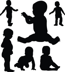 Collection of black baby and toddler silhouettes in various poses like sitting and crawling, cad drawing flat vector illustration, isolated on white.