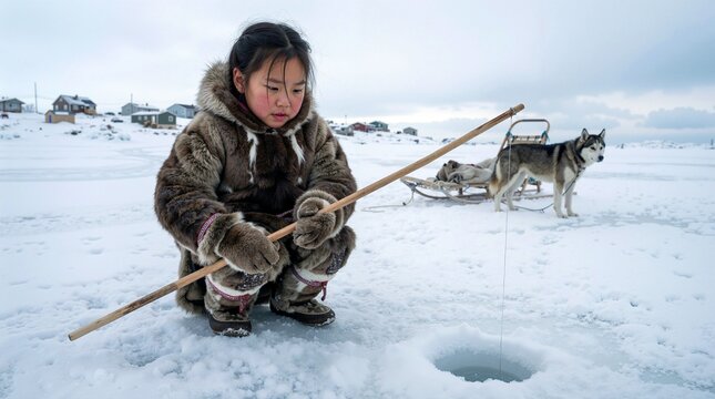 Young inuit girl ice fishing on frozen lake with sled dogs in arctic winter