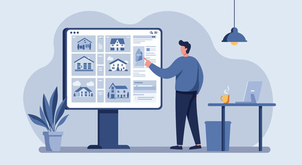 Real Estate Property Search Platform. Man choosing a new home from digital house listings displayed on a large interactive screen. Online home buying process vector illustration.