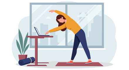 Woman stretching during work break at standing desk in home office. Home workout routine illustration for remote wellness, ergonomics, and desk exercise.
