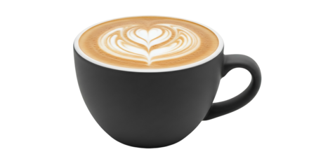 Latte art in a black coffee cup delicious beverage.