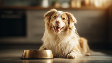 Golden retriever smiles in the kitchen beside a metal bowl. Sunlight fills the kitchen and the dog relaxes with a happy expression.