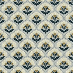 Seamless Floral Pattern Vintage Bloom Crest. Stylized retro florals form an elegant crest pattern with warm earthy tones and boho charm.