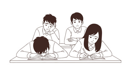 Students struggling with exam in classroom line art vector illustration