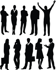 Set of business silhouettes, men and women professionals in standing poses, cad drawing flat vector illustration, isolated corporate team collection.