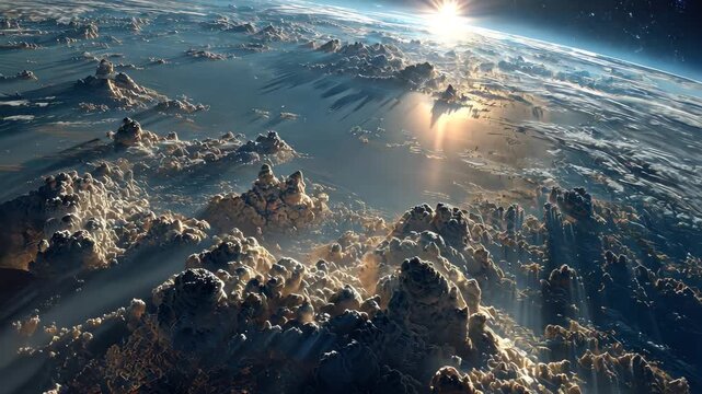 Earth sunrise seen from Space, rays of light passing through thick clouds and the atmosphere, earth rotating around the sun