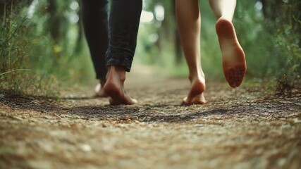 Bare feet tread softly on a pine needle covered trail, highlighting a peaceful escape into the woods. This serene moment captures relaxation, wellness, and the beauty of outdoor exploration