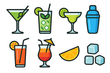 Fototapeta premium Vibrant Cocktail Icons. Cocktails Set set flat icon set: martini glass, mojito cup, margarita glass, cocktail shaker, straw drink, tropical umbrella glass, fruit garnish, ice cubes