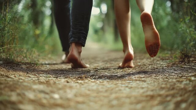 Bare feet tread softly on a pine needle covered trail, highlighting a peaceful escape into the woods. This serene moment captures relaxation, wellness, and the beauty of outdoor exploration