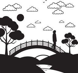 Silhouette of a lone figure crossing a bridge under a full moon and clouds Keywords: silhouette, bridge, moon, clouds, sky, landscape, nature, solitary, walking, crossing, arch bridge, trees