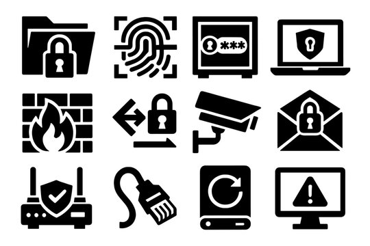 Bold Data Icons. Data Protection silhouette icon set: encrypted folder, fingerprint scan, password vault, secure laptop, firewall wall, data transfer lock, surveillance camera