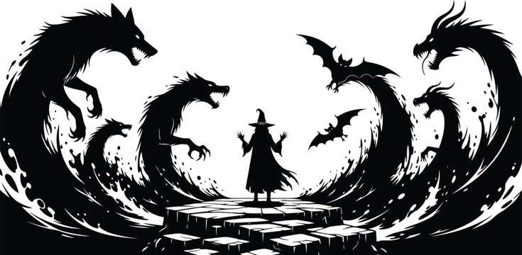 Silhouette of a powerful sorcerer or witch summoning dark creatures like wolves and dragons from swirling waves in a dramatic, highcontrast black and white illustration