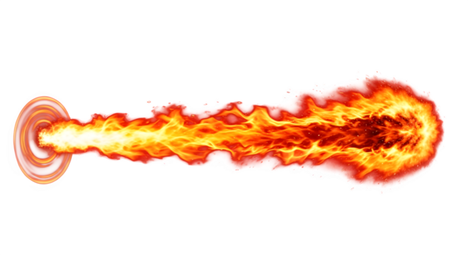Intense orange and red fire blast effect with a circular source isolated on transparent background