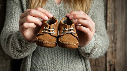 Woman holding baby shoes in front of a wooden background showing a pair of brown leather baby shoes, expecting, hope, anticipation, future parenthood