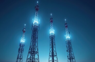 Obraz premium Four cellular base stations stand tall against dark blue evening sky. Modern mobile network towers transmit powerful 4G, 5G signals, enabling fast, reliable internet access. Antennas provide vital
