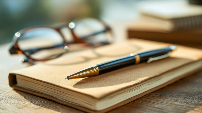 Elegant pen resting on a textured notebook with glasses in the background on a rustic wooden surface in warm natural lighting for study or work concept