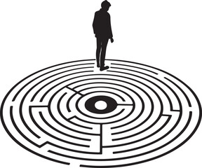 Silhouette of a Man Standing in the Center of a Circular Maze Keywords: silhouette, man, person, maze, labyrinth, circular, puzzle, challenge, decision, choice, confusion, direction, goal, center