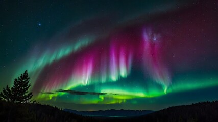 Vibrant Northern Lights Aurora over Arctic Landscape, Purple and Green Sky
