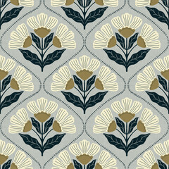 Seamless Floral Pattern Vintage Bloom Crest. Stylized retro florals form an elegant crest pattern with warm earthy tones and boho charm.
