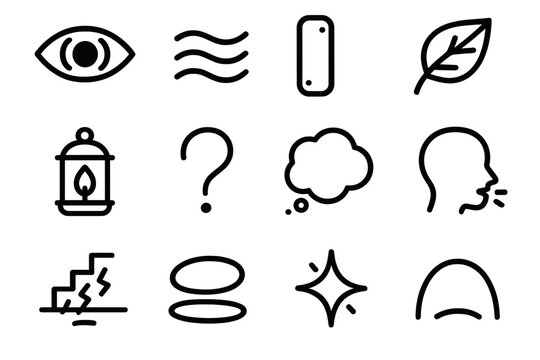 Icons of Inner Doubt. Inner Doubt linear icon set: worried eye, gentle ripple, hesitation bar, fragile leaf, soft lantern, uncertain curve, pondering bubble, dim breath icon, shaky