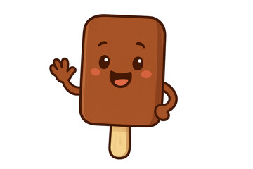 Chocolate ice cream bar mascot waving, happy cartoon character offering a friendly greeting, sweet summer dessert food