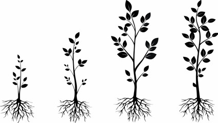 Four stages of tree growth showing business development and personal evolution, scalable vector graphic silhouette, representing progress and investment growth