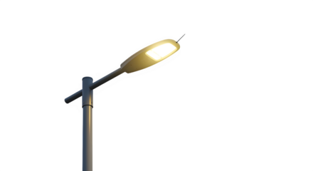 Modern led street light glowing brightly on a tall pole, isolated on transparent background