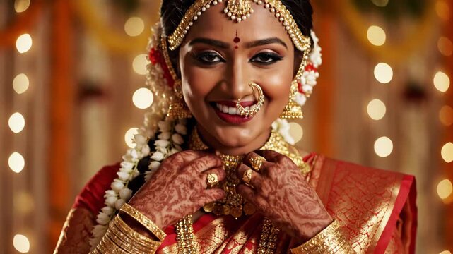 Indian Bride Smiling on Wedding Day - A beautiful Indian bride, adorned in traditional gold jewelry and a red sari, smiles radiantly.