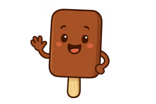 Chocolate ice cream bar mascot waving, happy cartoon character offering a friendly greeting, sweet summer dessert food