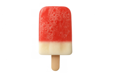 Frozen fruit popsicle with red and white layers on a wooden stick, sweet dessert for summer refreshment on transparent background